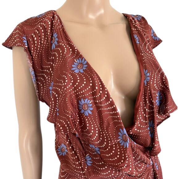 Anthropologie Ruffle Wrap Midi Dress Deep V Floral Boho Cottagecore Flowy Satin - Picture 4 of 9